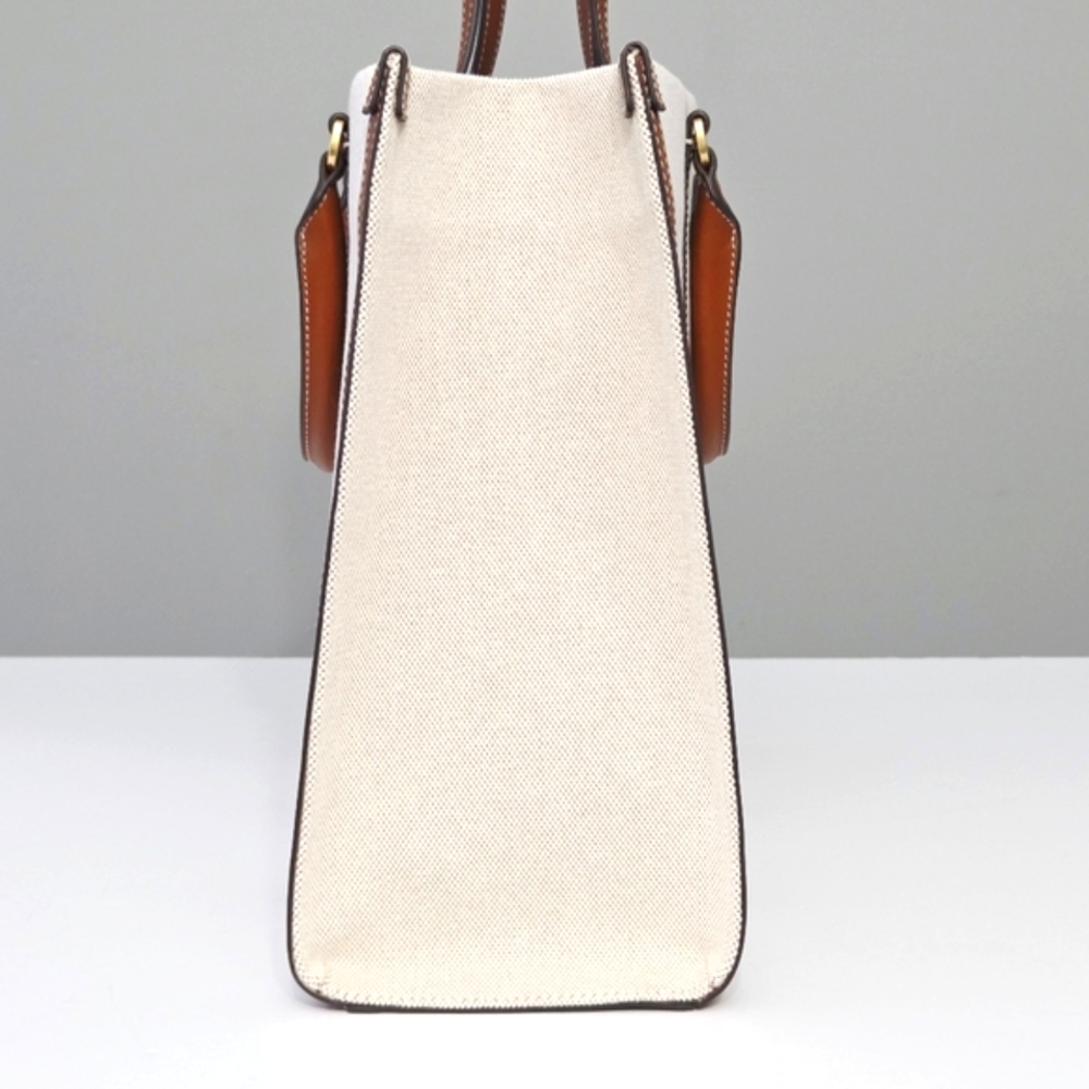 EXCELLENT TORY BURCH BLAKE CANVAS LEATHER JUMBO TOTE IN NATURAL CLASSIC CUOIO - Picture 7 of 8